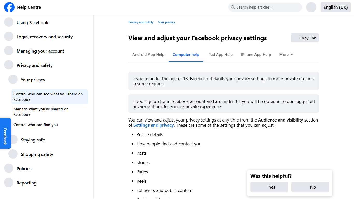 View and adjust your Facebook privacy settings Facebook Help Centre